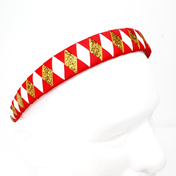 Handmade Diamond Pattern Red Glitter Gold White Double Ribbon Headband SF 49ers - Picture 4 of 4